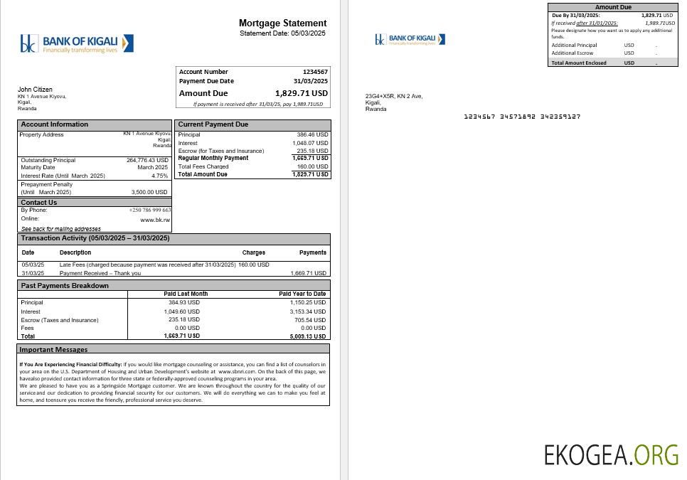 Relevé hypothécaire de la Banque Rwandaise de Kigali aux formats Word et PDF